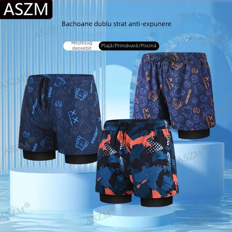 Pantaloni scurți de plajă pentru bărbați cu șnur - căptușire dublă, 95% poliester, elasticitate micro-bounce, previn situații jenante