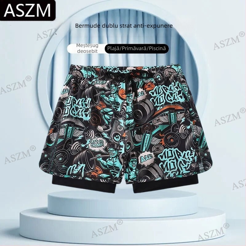 Pantaloni scurți de plajă pentru bărbați cu șnur - căptușire dublă, 95% poliester, elasticitate micro-bounce, previn situații jenante