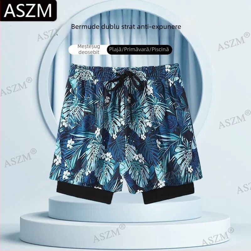 Pantaloni scurți de plajă pentru bărbați cu șnur - căptușire dublă, 95% poliester, elasticitate micro-bounce, previn situații jenante