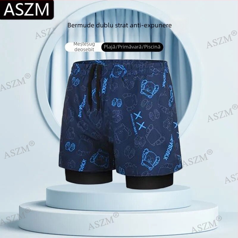 Pantaloni scurți de plajă pentru bărbați cu șnur - căptușire dublă, 95% poliester, elasticitate micro-bounce, previn situații jenante