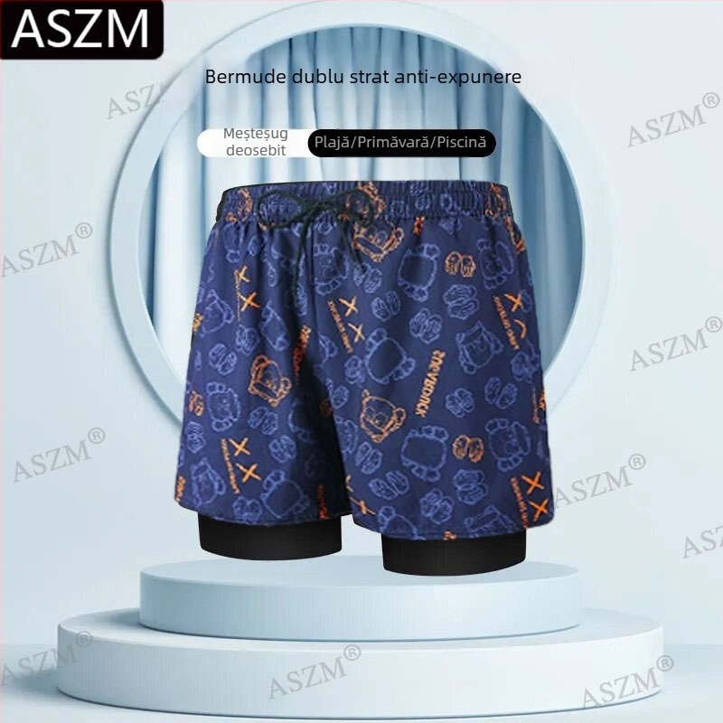 Pantaloni scurți de plajă pentru bărbați cu șnur - căptușire dublă, 95% poliester, elasticitate micro-bounce, previn situații jenante