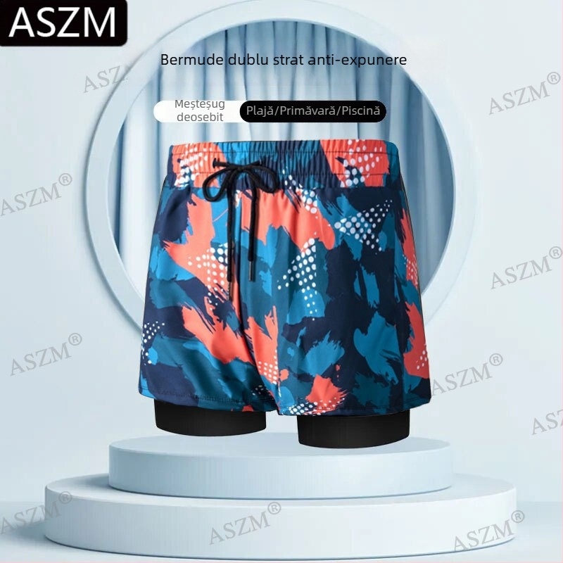 Pantaloni scurți de plajă pentru bărbați cu șnur - căptușire dublă, 95% poliester, elasticitate micro-bounce, previn situații jenante