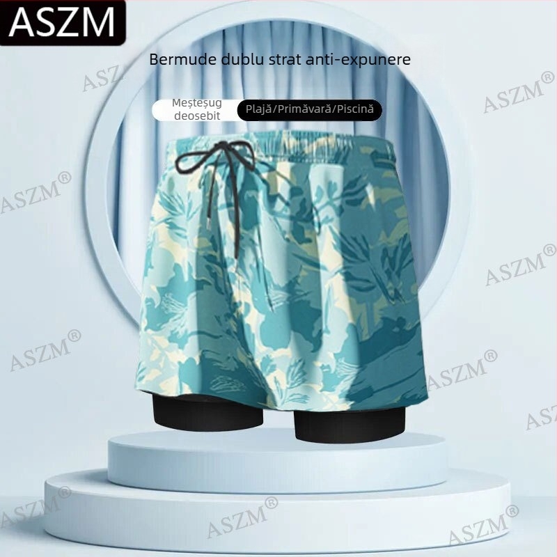 Pantaloni scurți de plajă pentru bărbați cu șnur - căptușire dublă, 95% poliester, elasticitate micro-bounce, previn situații jenante