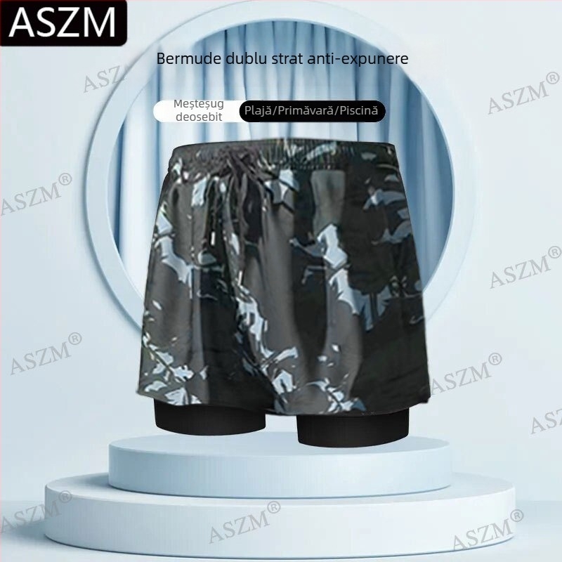 Pantaloni scurți de plajă pentru bărbați cu șnur - căptușire dublă, 95% poliester, elasticitate micro-bounce, previn situații jenante