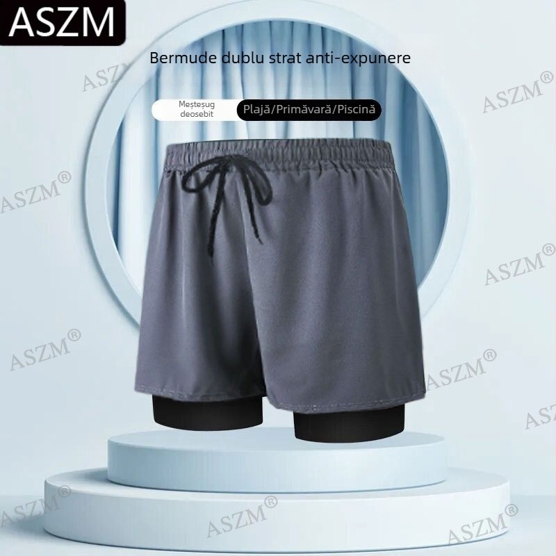 Pantaloni scurți de plajă pentru bărbați cu șnur - căptușire dublă, 95% poliester, elasticitate micro-bounce, previn situații jenante