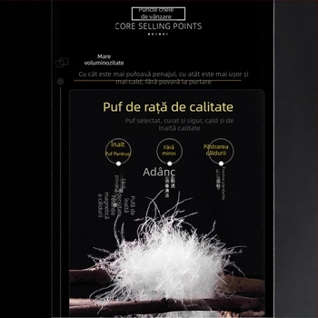 Vesta din puf cu glugă, guler înalt, țesătură poliesterică, umplutură 86–90% puf