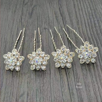 Agrafă de păr din metal, elegantă, cu cristale, formă U, decor floral