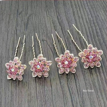 Agrafă de păr din metal, elegantă, cu cristale, formă U, decor floral