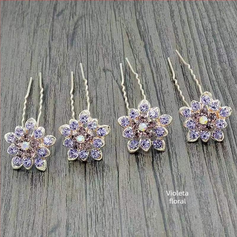 Agrafă de păr din metal, elegantă, cu cristale, formă U, decor floral