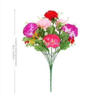 Buchet de garoafe artificiale, cu flori din plastic și mătase; materiale: plastic și mătase; proces: stilizare, relief, injecție; formă: buchet; scop: decor, recuzită pentru fotografie, decor de casă