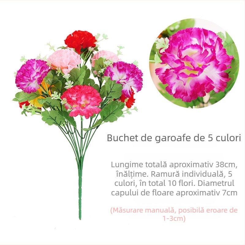 Buchet de garoafe artificiale, cu flori din plastic și mătase; materiale: plastic și mătase; proces: stilizare, relief, injecție; formă: buchet; scop: decor, recuzită pentru fotografie, decor de casă