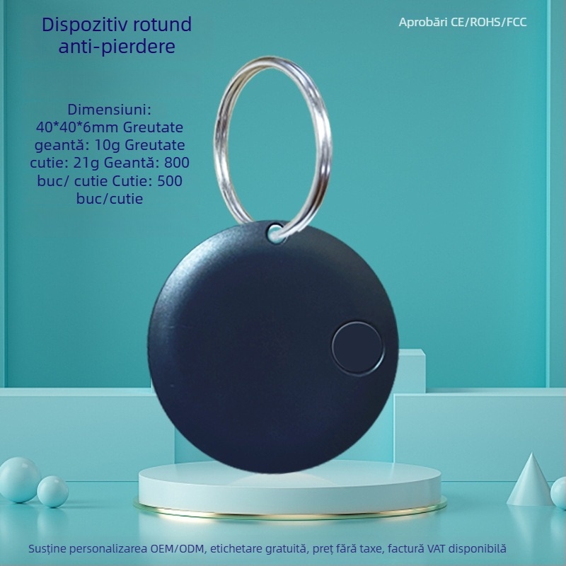 Tracker Bluetooth rotund pentru chei, telefon, geantă și animale de companie — Compatibil Android și iOS, rază 15 m, baterie 210 mAh, ABS, cu șnur de purtare inclus, căutare bidirecțională cu alarmă