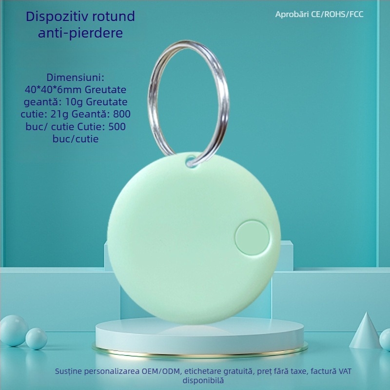 Tracker Bluetooth rotund pentru chei, telefon, geantă și animale de companie — Compatibil Android și iOS, rază 15 m, baterie 210 mAh, ABS, cu șnur de purtare inclus, căutare bidirecțională cu alarmă