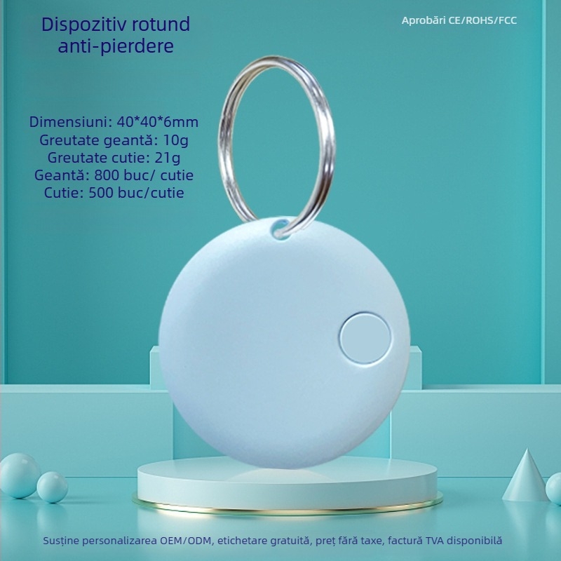 Tracker Bluetooth rotund pentru chei, telefon, geantă și animale de companie — Compatibil Android și iOS, rază 15 m, baterie 210 mAh, ABS, cu șnur de purtare inclus, căutare bidirecțională cu alarmă