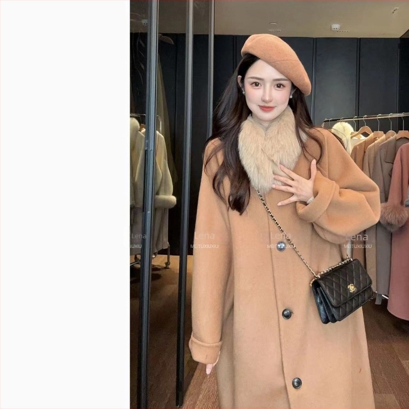 Palton de lână pentru femei cu guler din blană de vulpe – croială lejeră, lungime medie, nasturi pe un rând, stil coreean