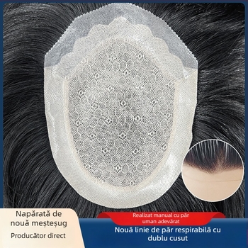 Perucă bărbătească cu păr real uman, țesută manual, ușoară, nu poate fi vopsită sau tratată chimic, acoperă firele albe și oferă volum