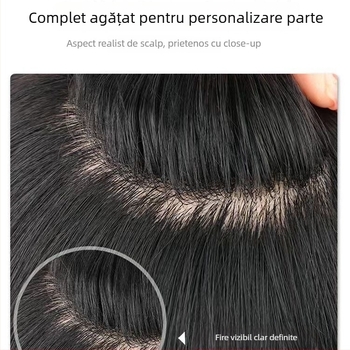 Perucă bărbătească cu păr real uman, țesută manual, ușoară, nu poate fi vopsită sau tratată chimic, acoperă firele albe și oferă volum