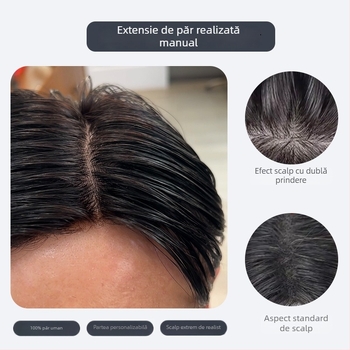 Perucă bărbătească cu păr real uman, țesută manual, ușoară, nu poate fi vopsită sau tratată chimic, acoperă firele albe și oferă volum