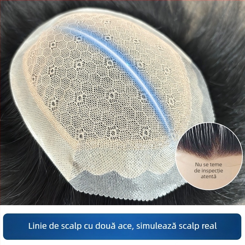 Perucă bărbătească cu păr real uman, țesută manual, ușoară, nu poate fi vopsită sau tratată chimic, acoperă firele albe și oferă volum