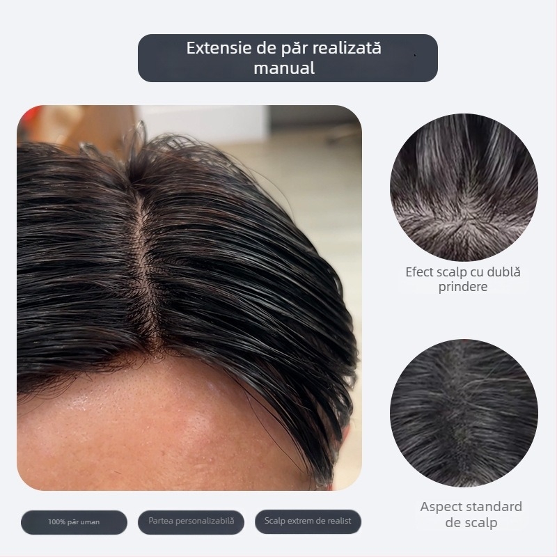 Perucă bărbătească cu păr real uman, țesută manual, ușoară, nu poate fi vopsită sau tratată chimic, acoperă firele albe și oferă volum