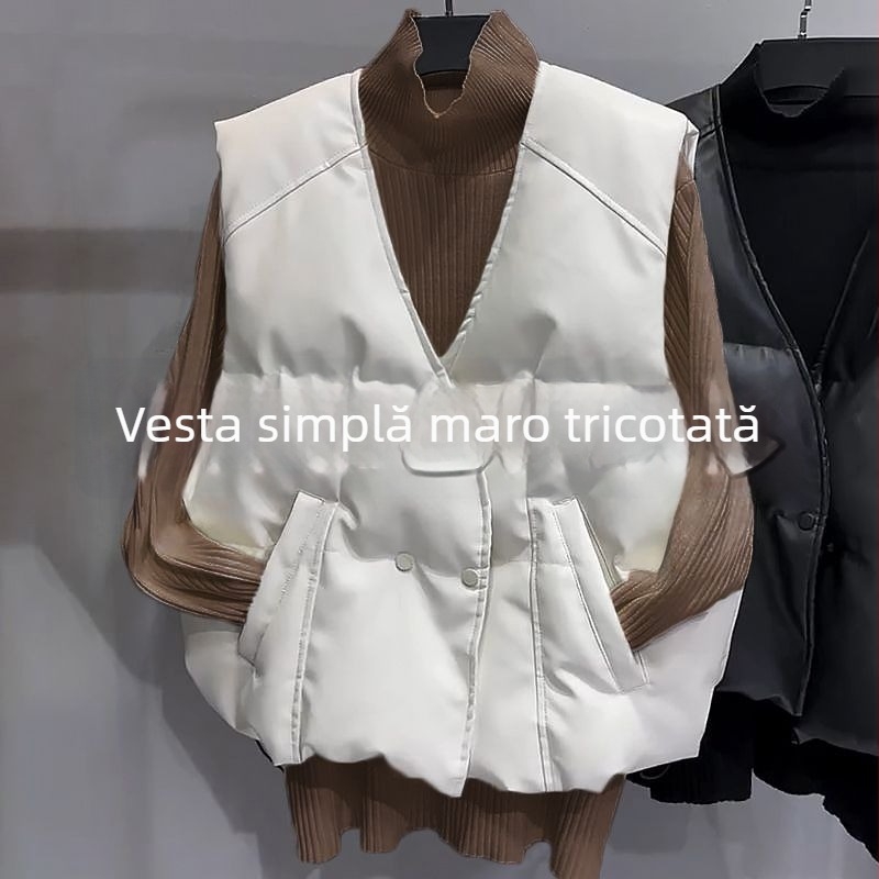 Vesta din piele sintetică, guler în V, fără mâneci, croială în formă de A, fibră poliester