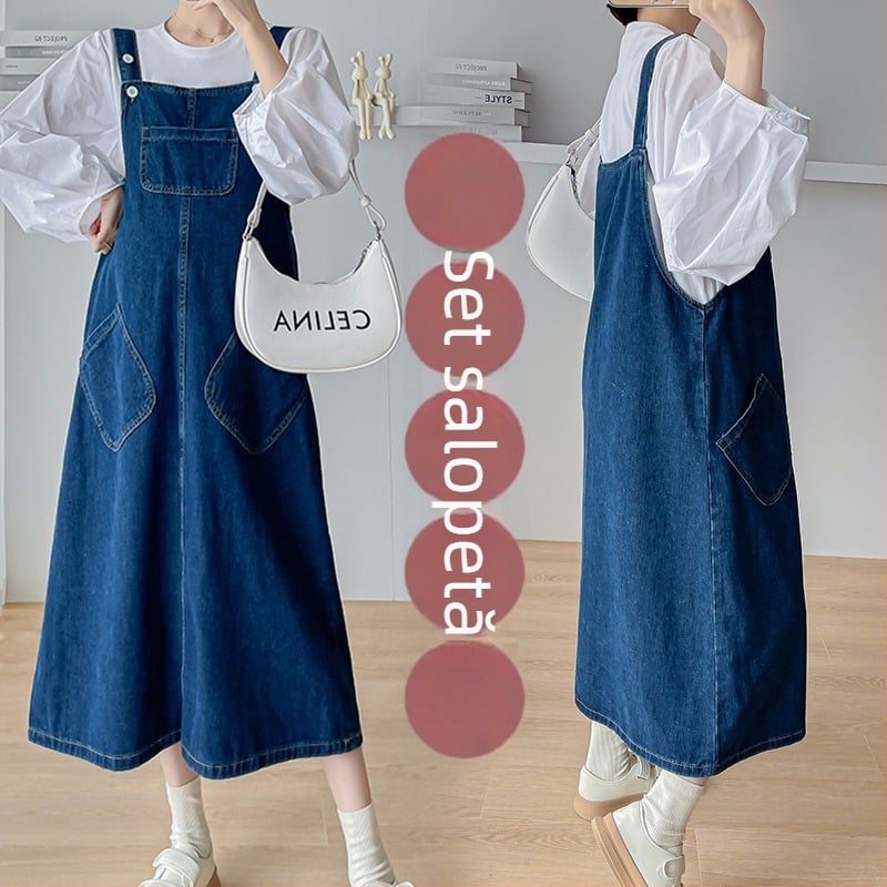 Set pentru femei însărcinate din două piese: tricou alb cu mâneci bufante și rochie denim cu bretele, mărime plus, primăvară-vară