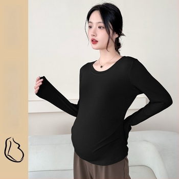 Tricou matern cu mânecă lungă, din amestec bumbac-poliester cu elastan, pulover casual, guler rotund, lungime standardă 50–65 cm