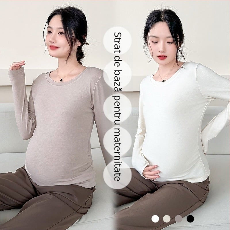 Tricou matern cu mânecă lungă, din amestec bumbac-poliester cu elastan, pulover casual, guler rotund, lungime standardă 50–65 cm