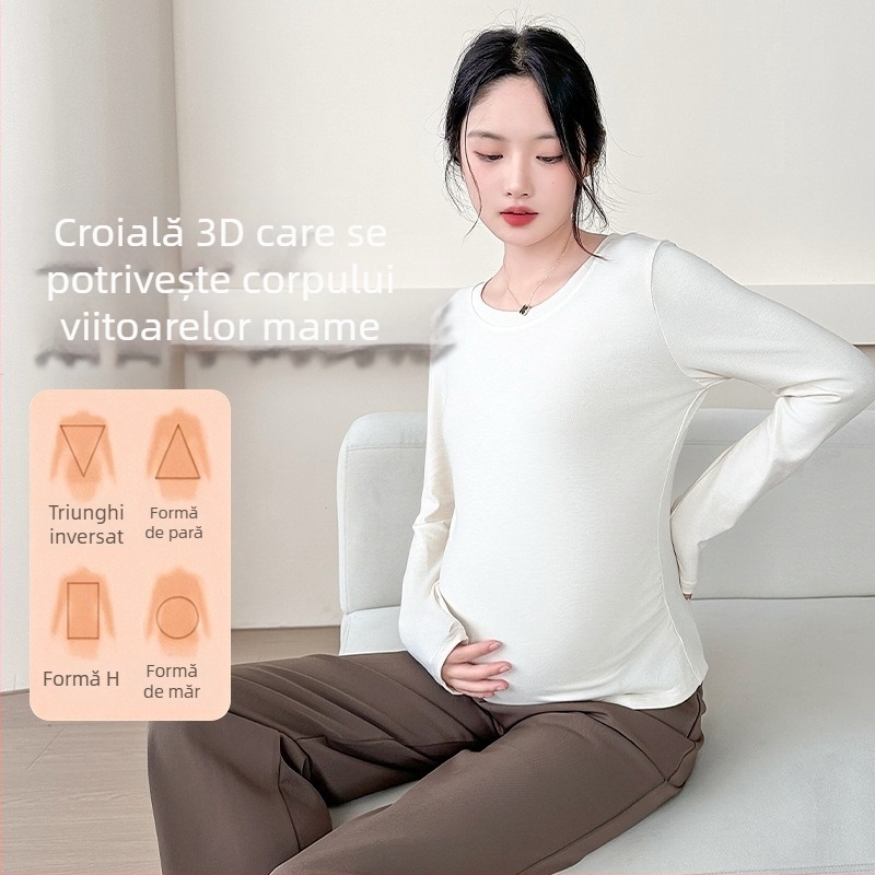Tricou matern cu mânecă lungă, din amestec bumbac-poliester cu elastan, pulover casual, guler rotund, lungime standardă 50–65 cm