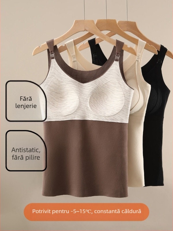 Top matern cu căptușeală din fleece pentru toamnă-iarnă, pentru alăptare, cu bretele; 86% poliester, 5% spandex, amestec de lână