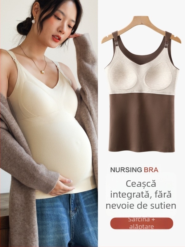 Top matern cu căptușeală din fleece pentru toamnă-iarnă, pentru alăptare, cu bretele; 86% poliester, 5% spandex, amestec de lână