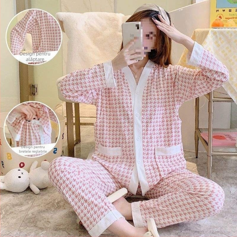 Îmbrăcăminte de maternitate pentru alăptat și somn – vară, ușoară, țesătură TR, PVC 90–95%, mâneci 3/4, guler POLO, stil chinezesc