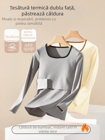 Set de lenjerie termică maternitate cu fleece pentru iarnă — croială slim, cu glugă, mâneci lungi, decolteu în V, top și pantaloni, amestec poliester-spandex