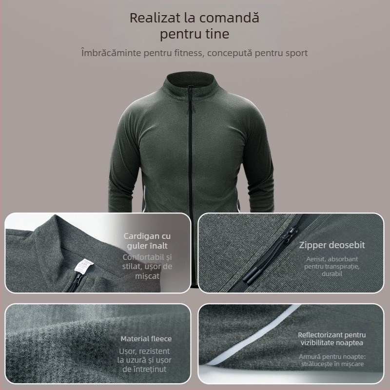 Jachetă bărbătească din amestec de poliester, cu căptușeală de fleece, guler înalt, mâneci lungi, fără glugă