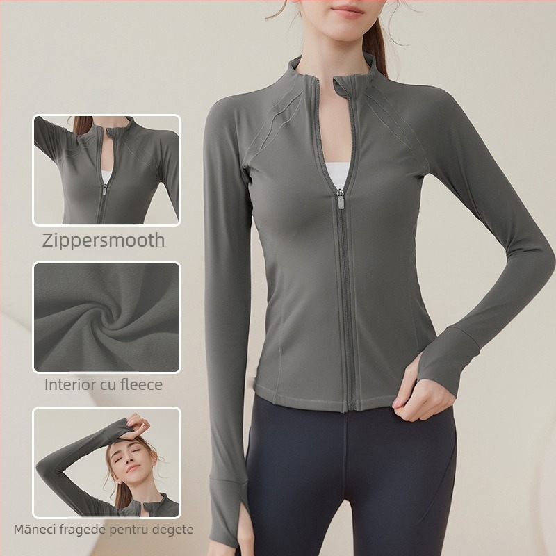 Jachetă sport pentru femei, cu fermoar și căptușeală din fleece, mâneci lungi, guler înalt, pentru alergare și yoga