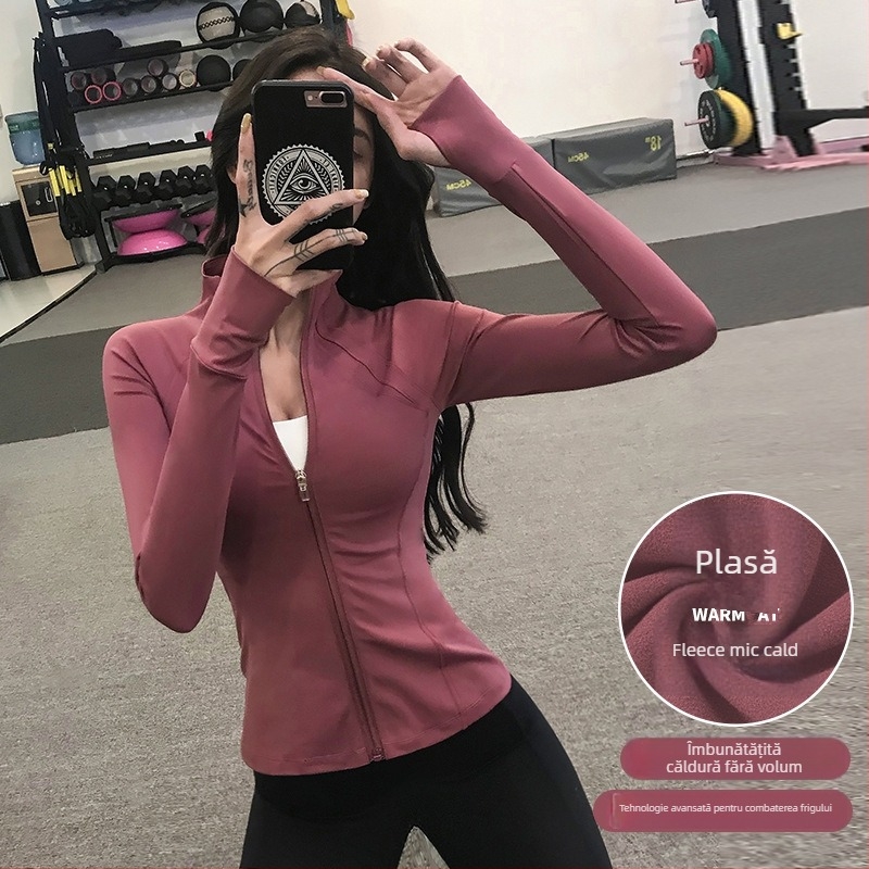 Jachetă sport pentru femei, cu fermoar și căptușeală din fleece, mâneci lungi, guler înalt, pentru alergare și yoga
