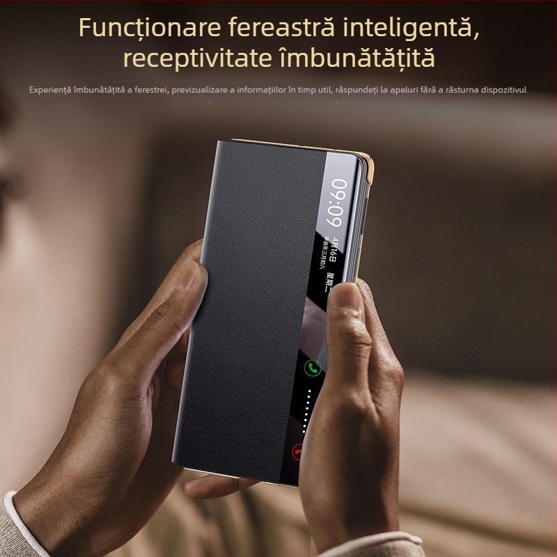 Husă Flip din piele ecologică pentru Huawei MateX7, finisaj electroplacat, funcție magnetică de trezire/odihnă, suport pentru brățară