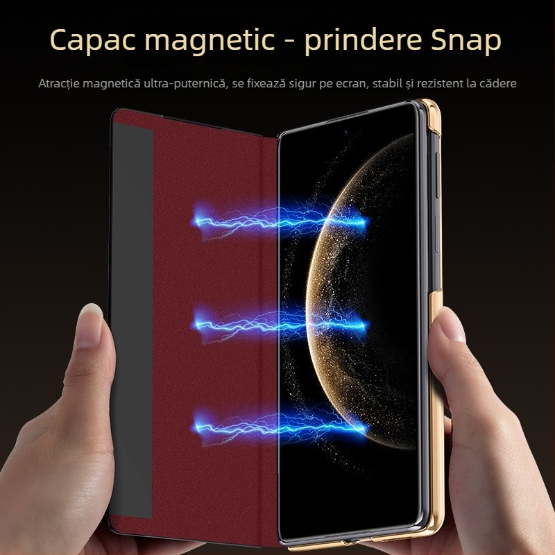 Husă Flip din piele ecologică pentru Huawei MateX7, finisaj electroplacat, funcție magnetică de trezire/odihnă, suport pentru brățară