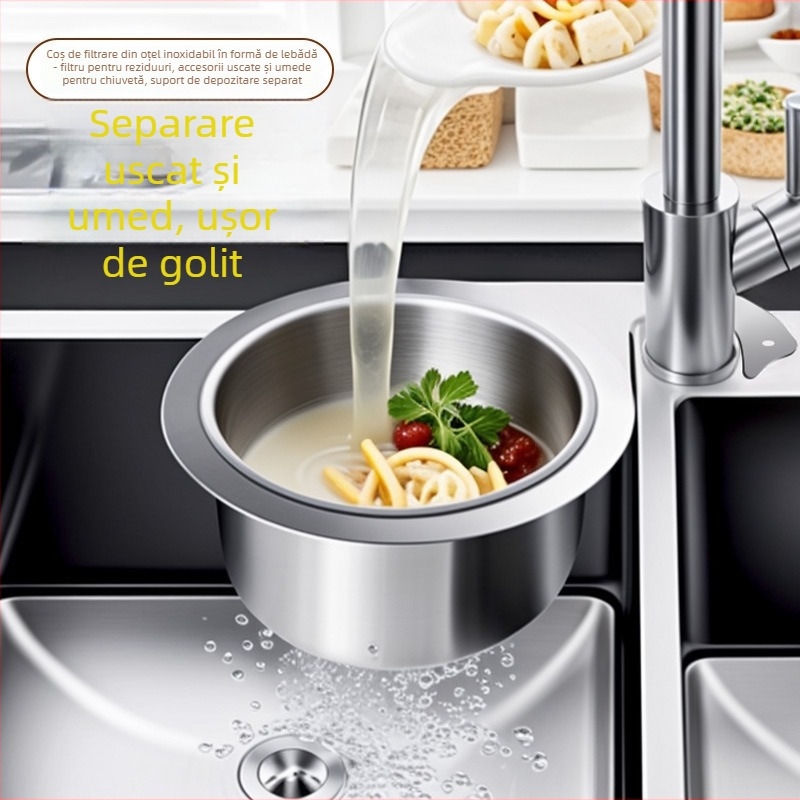Coș de scurgere din oțel inoxidabil în formă de lebădă cu filtru – suport chiuvetă multifuncțional pentru reziduri uscate și umede