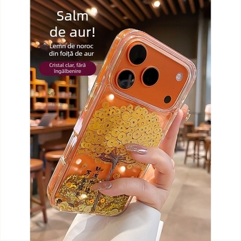 Carcasă pentru telefon cu motiv arborele bogăției, reliefată, cu monede din foiță de aur, transparentă, pentru iPhone 17/17 Pro/16 Pro Max