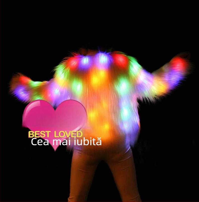 Costum de scenă Halloween cu palton luminos și blană pentru spectacole Go-Go – Unisex; Material: fibră din celuloză regenerată; Conținut principal 10–29%