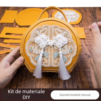 Geantă rotundă brodată din PU - fermoar, buzunar pentru telefon, accesorii Hanfu