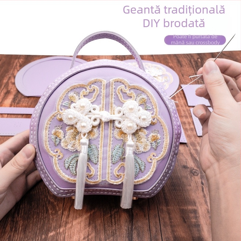 Geantă rotundă brodată din PU - fermoar, buzunar pentru telefon, accesorii Hanfu