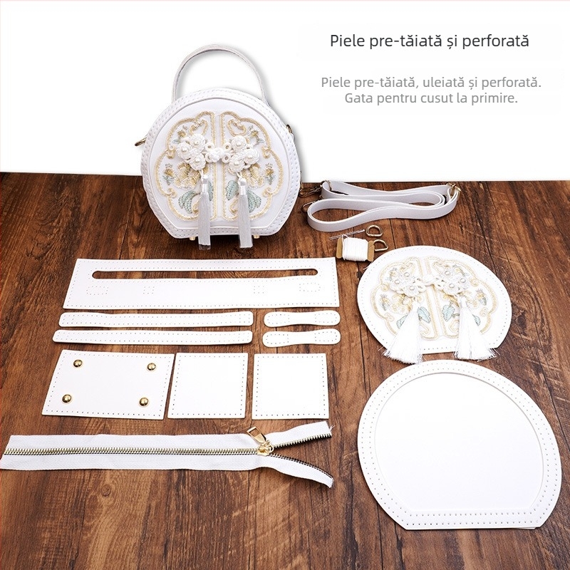 Geantă rotundă brodată din PU - fermoar, buzunar pentru telefon, accesorii Hanfu