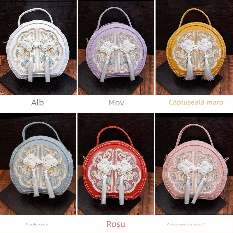 Geantă rotundă brodată din PU - fermoar, buzunar pentru telefon, accesorii Hanfu