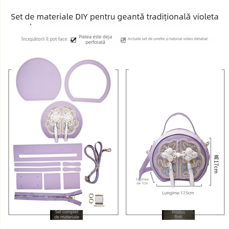 Geantă rotundă brodată din PU - fermoar, buzunar pentru telefon, accesorii Hanfu