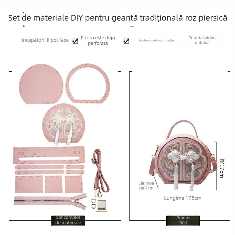 Geantă rotundă brodată din PU - fermoar, buzunar pentru telefon, accesorii Hanfu