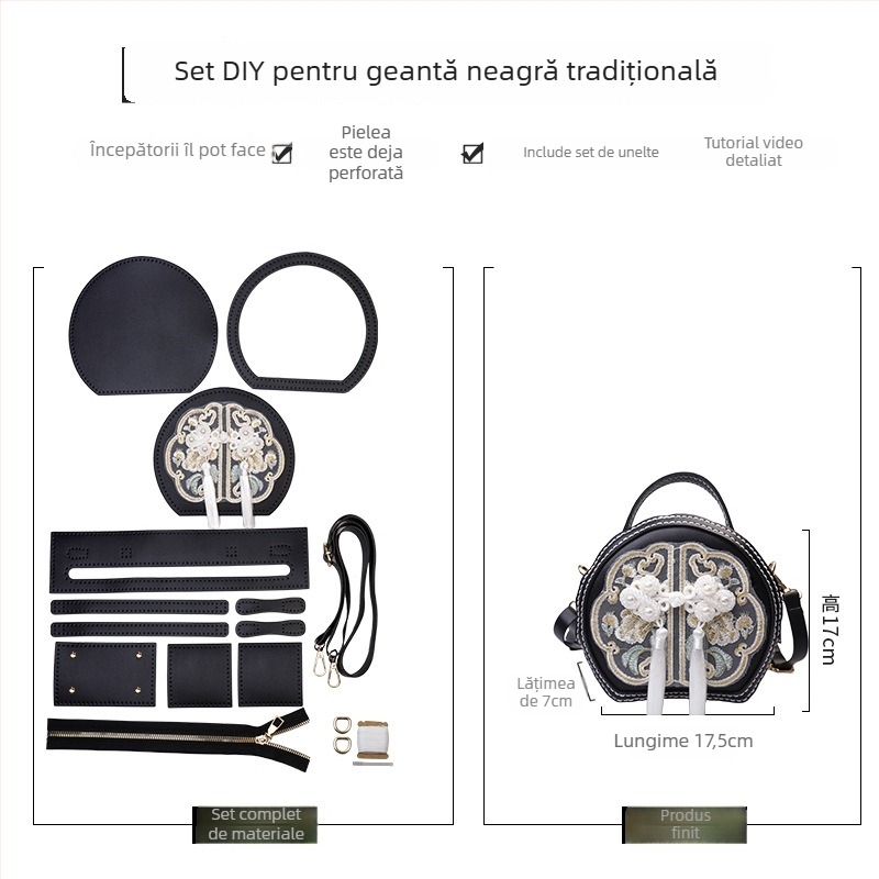 Geantă rotundă brodată din PU - fermoar, buzunar pentru telefon, accesorii Hanfu