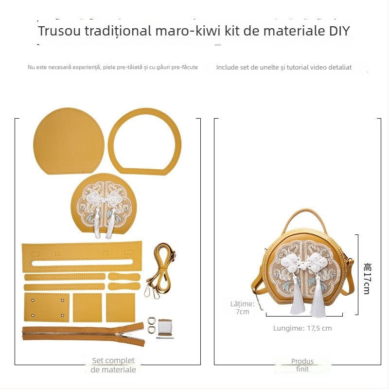 Geantă rotundă brodată din PU - fermoar, buzunar pentru telefon, accesorii Hanfu