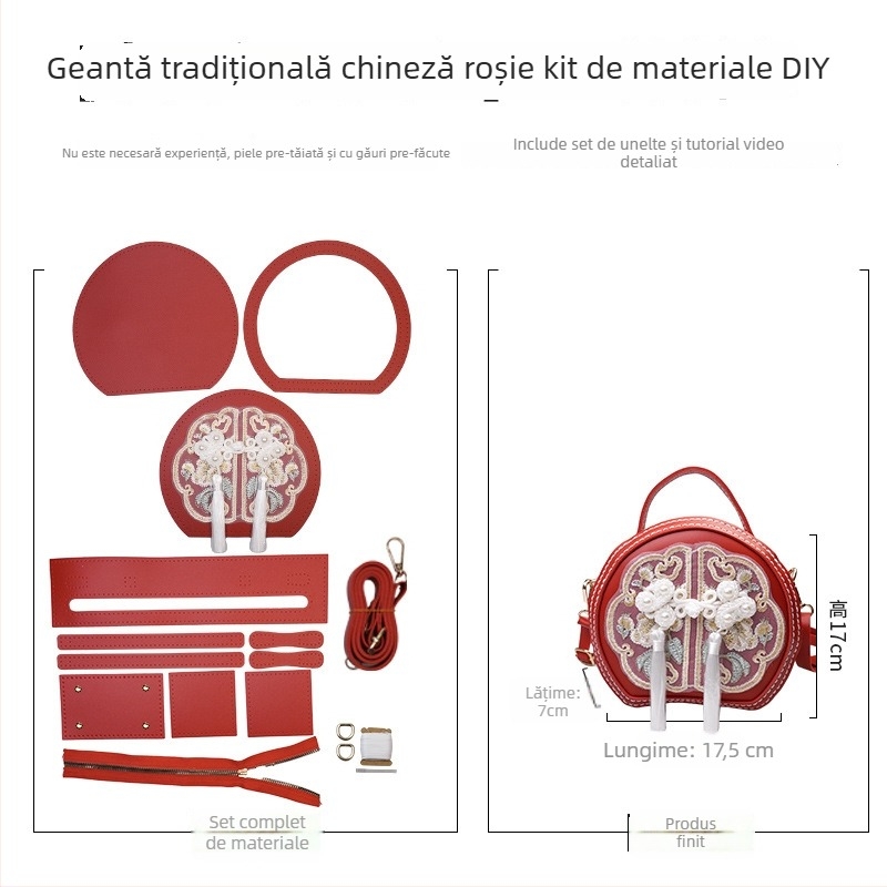 Geantă rotundă brodată din PU - fermoar, buzunar pentru telefon, accesorii Hanfu